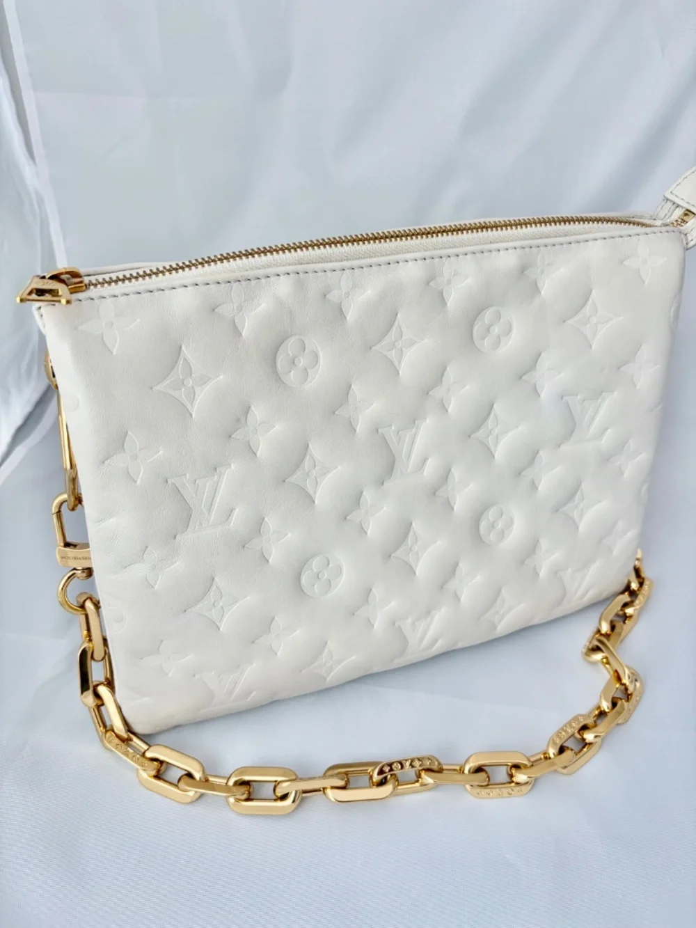 Louis Vuitton Coussin PM – Cream/Off White Monogram Embossed Lambskin | Includes